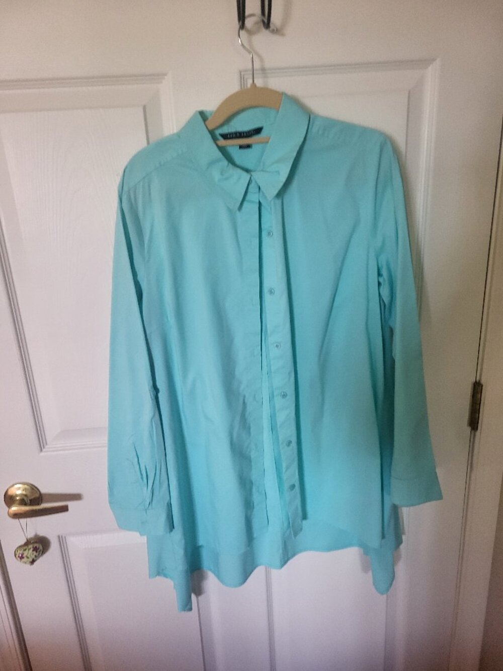 Zac & Rachel Turquoise Long-Sleeve Button-Down Shirt Asymmetric High-Low Hem (L)